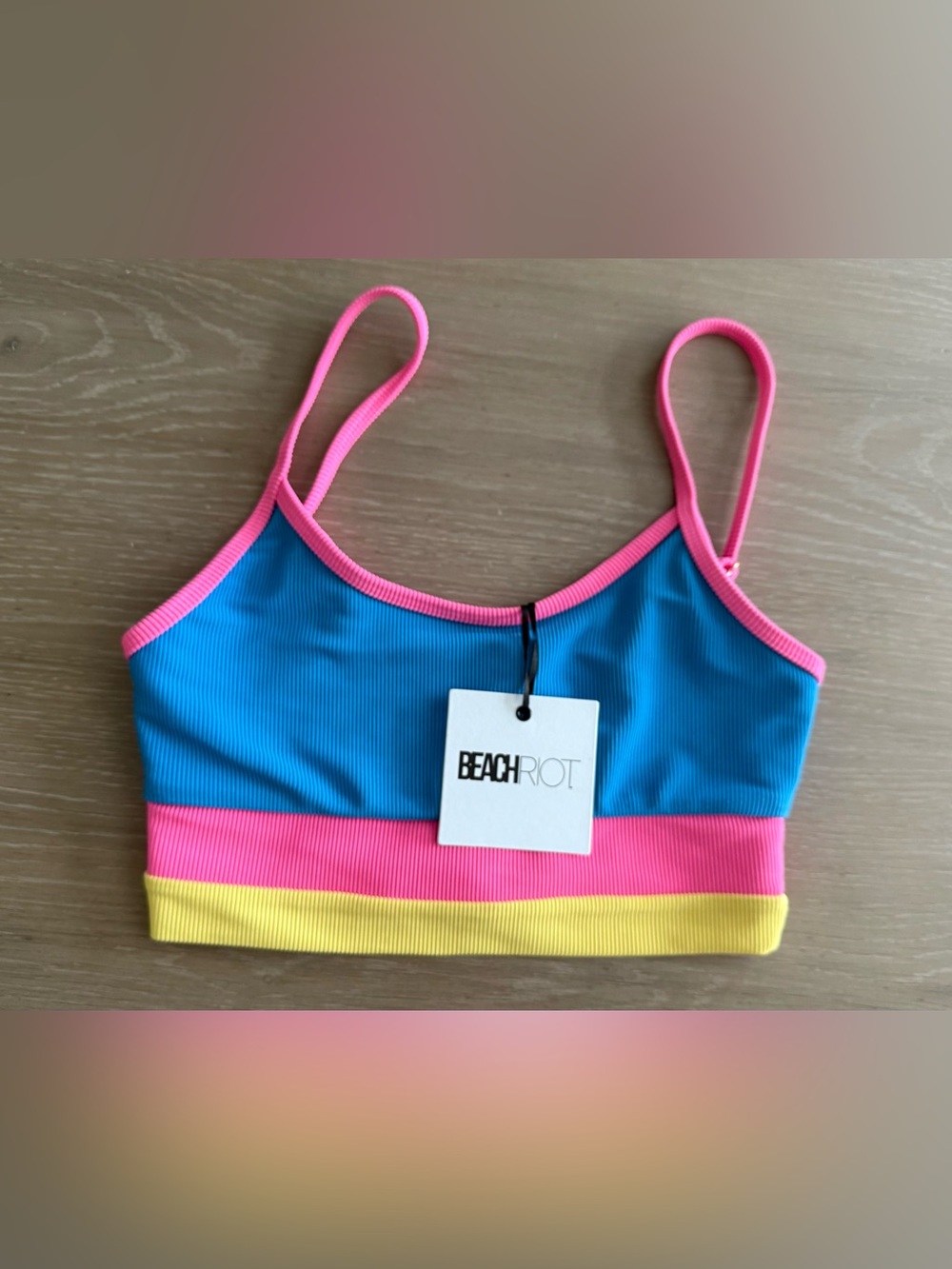 Beach Riot Women’s NEW Colorblock  Swim Top Blue with Pink & Yellow Trim Band
